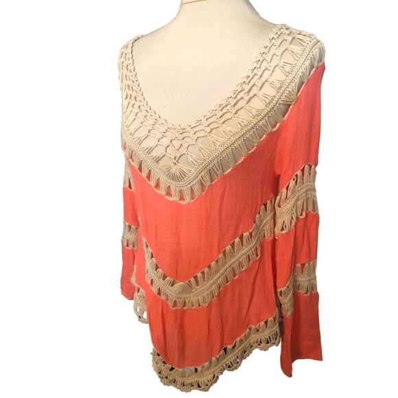 Lace crochet Umgee Boho Stretch Knit Tunic with Lacy Crochet Trim Coral size S - Picture 6 of 15